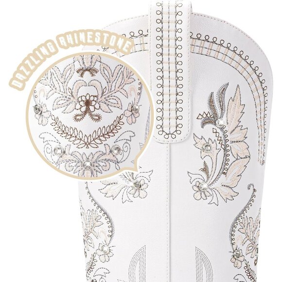 🆕Women White Faux Leather Knee High Sparkly Rhinestone Embroidered  Boots - Picture 10 of 11